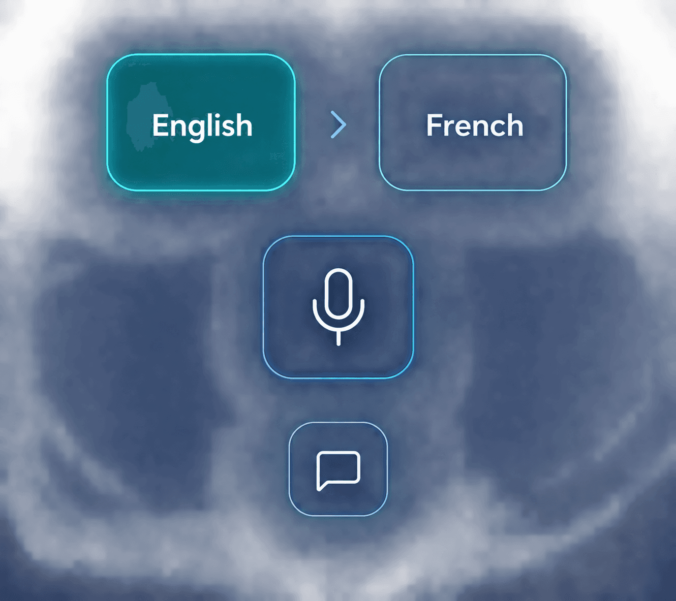 Early Canoë interface concept showing English-to-French translation, microphone, and chat controls